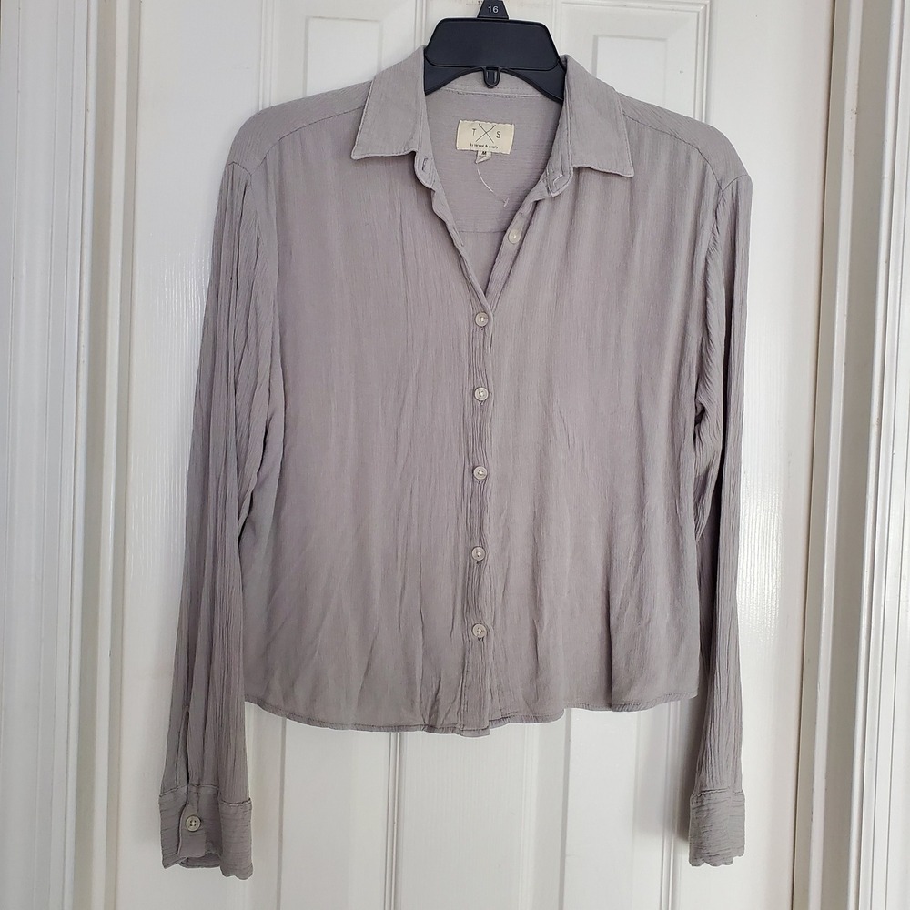 Thread & Supply Button Down Top Grey Gauze Textured Long Sleeve Casual Blouse M